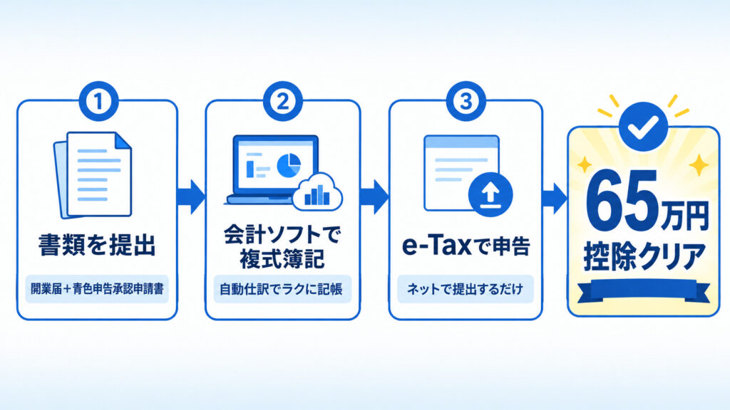 青色申告65万円控除の3ステップ(書類提出・会計ソフト・e-Tax)を示したフロー図