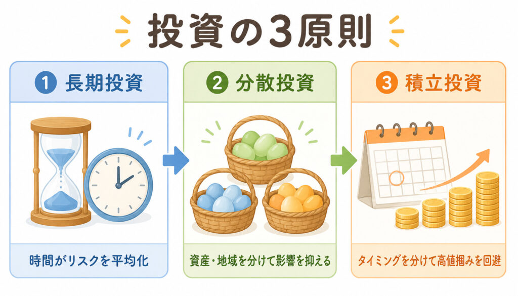 長期・分散・積立の3原則を横並びで示したフロー図