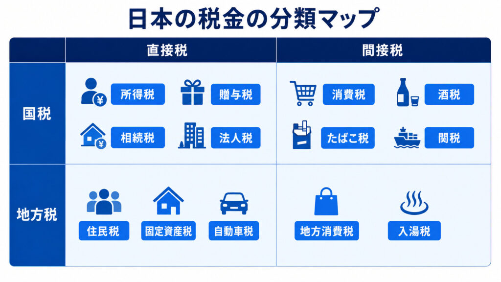 日本の税金を国税・地方税×直接税・間接税の4象限で分類したマトリクス図