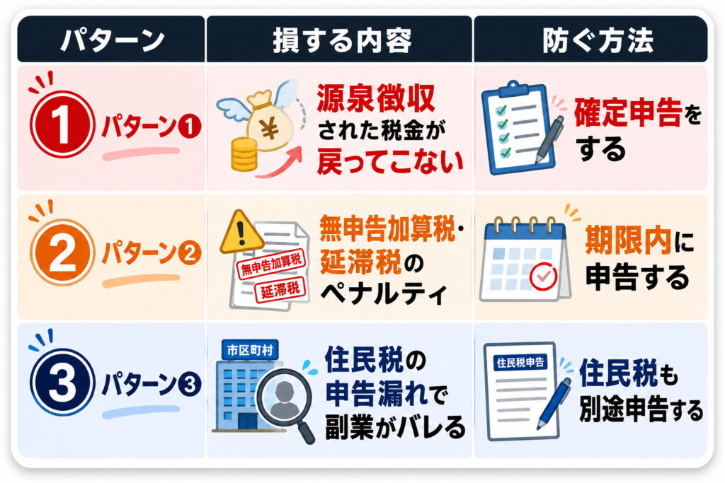 副業20万円以下で損する3パターン（源泉徴収・無申告加算税・住民税）の早見表