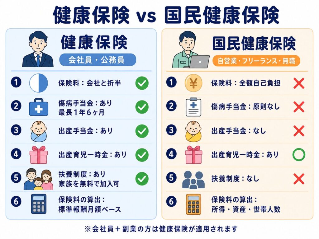 「健康保険と国民健康保険の給付内容を比較したインフォグラフィック」