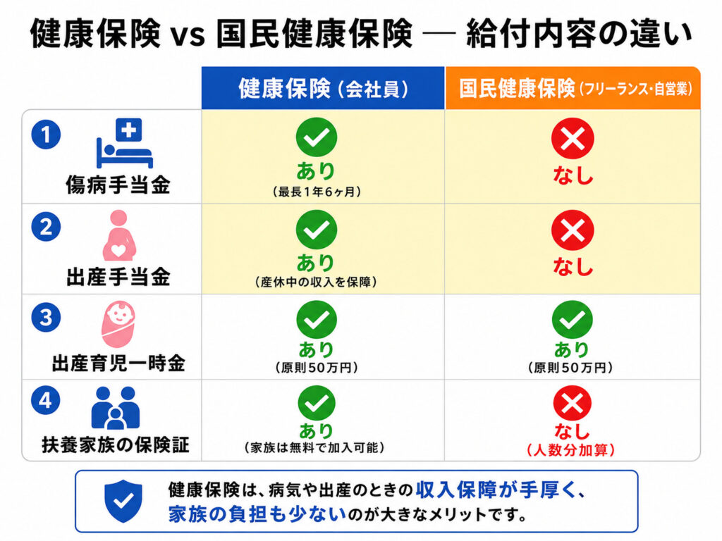 健康保険と国民健康保険の給付内容(傷病手当金・出産手当金・出産育児一時金・扶養家族)を比較した図解