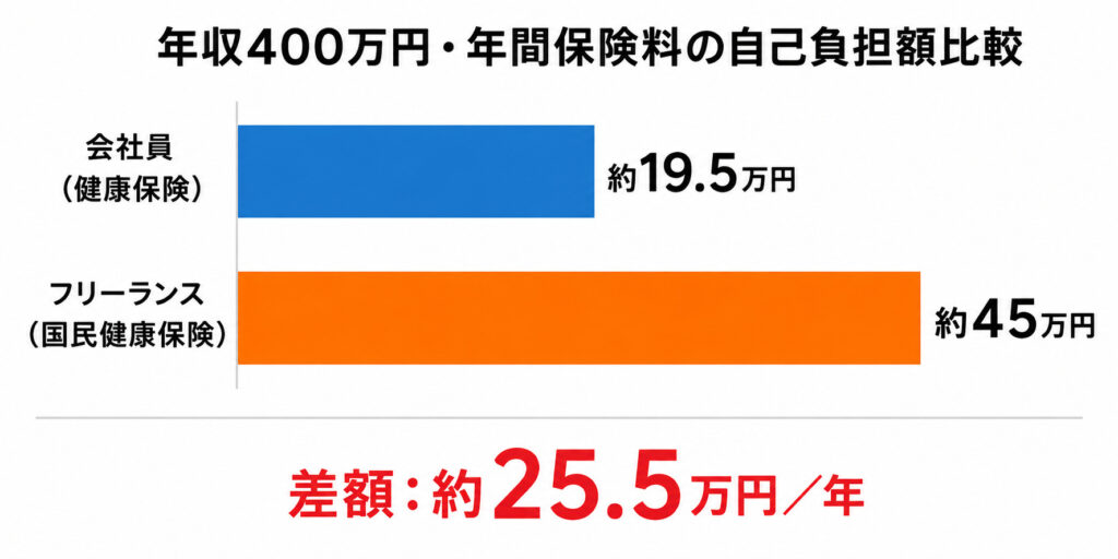 年収400万円における会社員とフリーランスの年間保険料自己負担額を比較した横棒グラフ