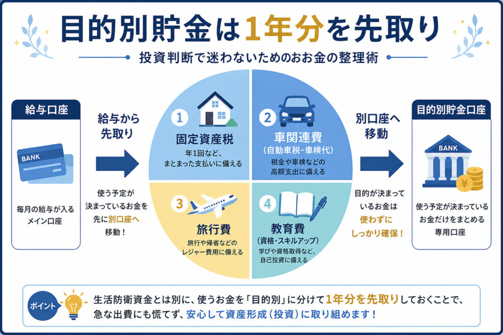 目的別貯金の項目一覧（固定資産税・車検・家電買い替え・旅行費・医療予備費など）