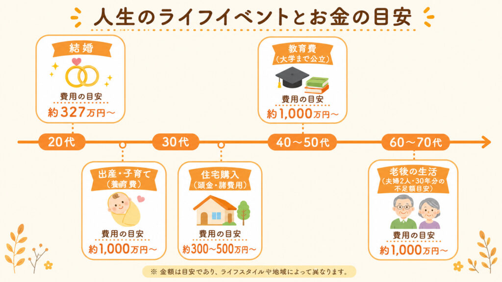 20代から70代の人生タイムラインと、各ライフイベントにかかる費用の目安を示した図解
