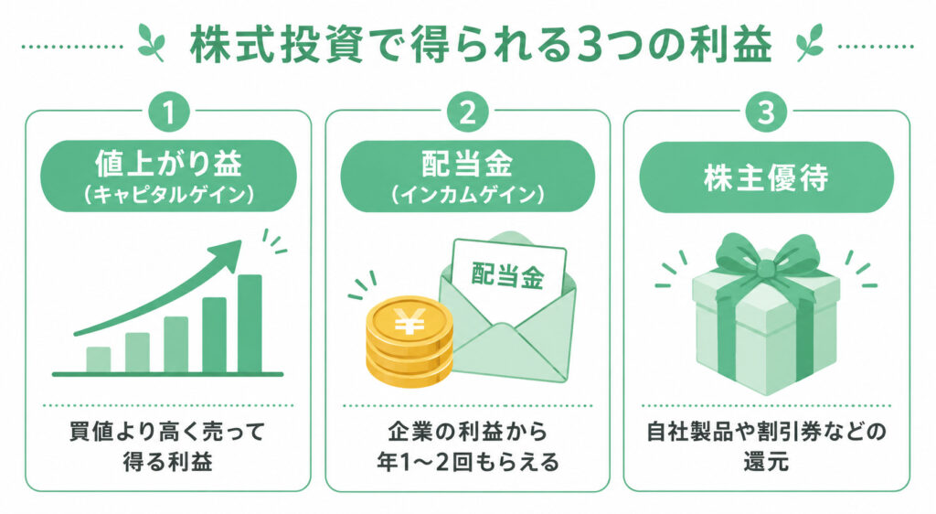 株式投資で得られる3つの利益（値上がり益・配当金・株主優待）を比較した図解