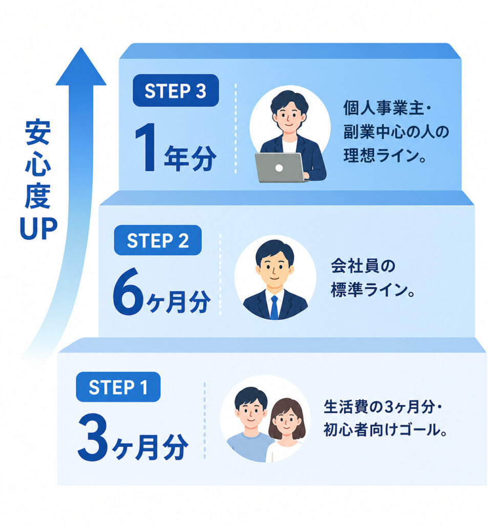 生活防衛資金の3段階目標を示すステップフロー図