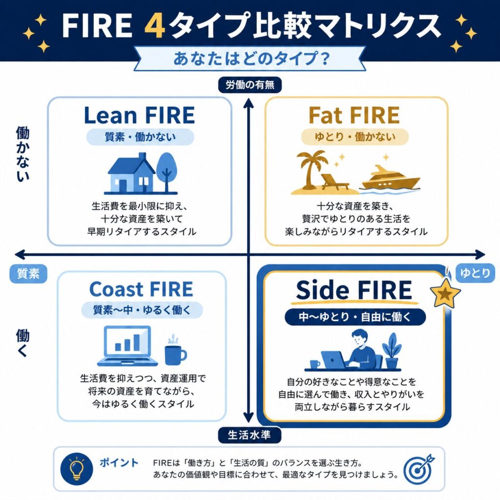 Fat FIRE・Lean FIRE・Coast FIRE・Side FIRE 4タイプの違いを比較した図解