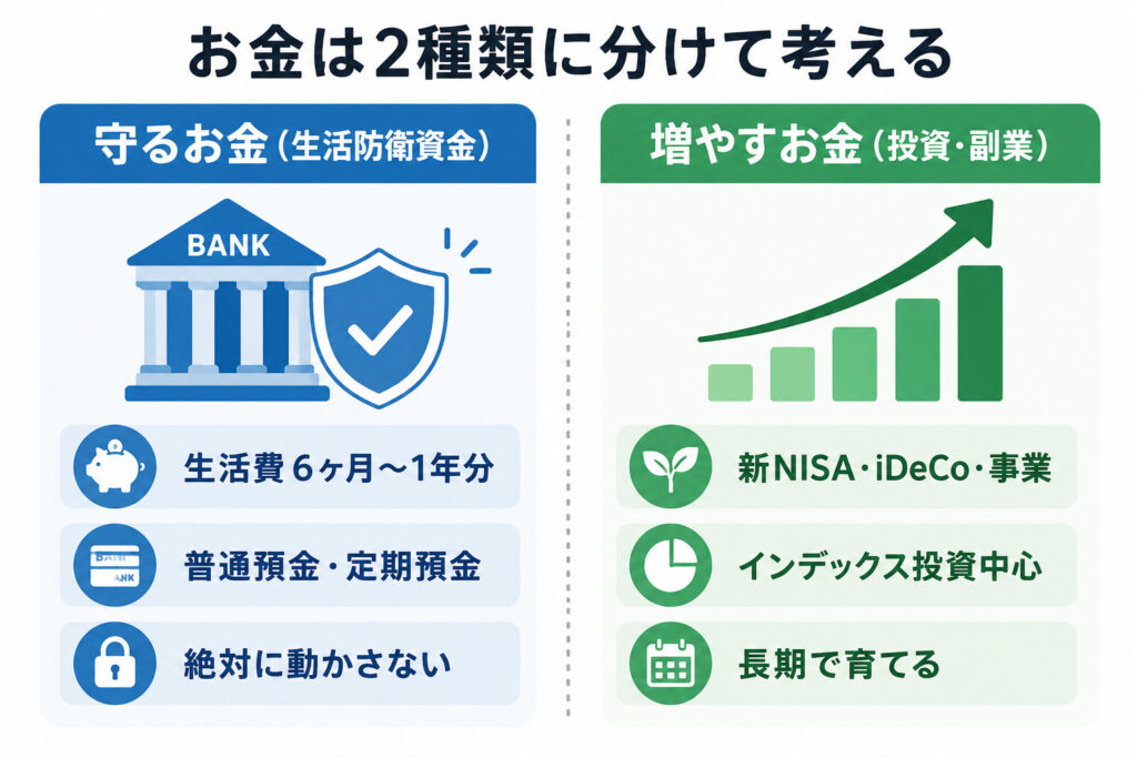 守るお金と増やすお金の二層構造を比較した図解