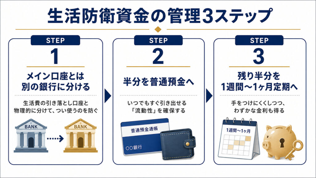 生活防衛資金の管理ステップ(別銀行・普通預金・定期預金の組み合わせ)を示した図解