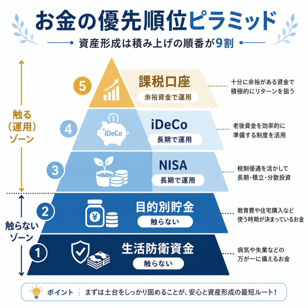 投資に回していいお金とNGなお金の判断フロー（生活防衛資金・目的別貯金は除外、それ以外が投資原資）