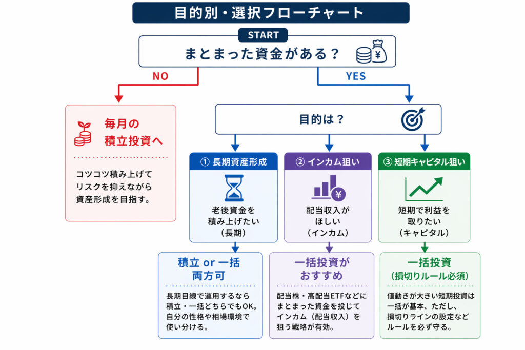 積立投資と一括投資を目的別に選び分けるフローチャート