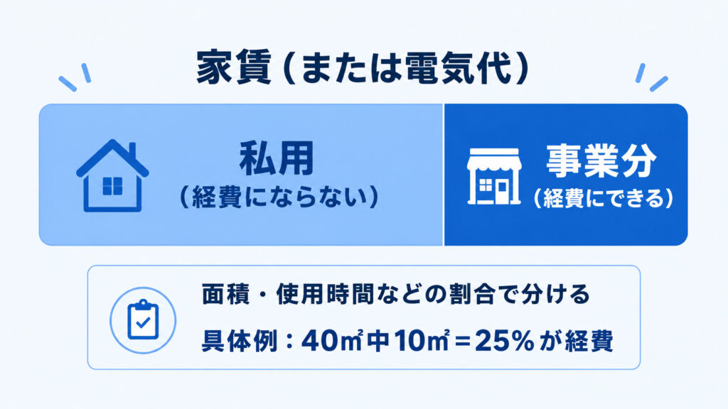 家賃や電気代を私用と事業分に按分して一部を経費にする仕組みを示した図解