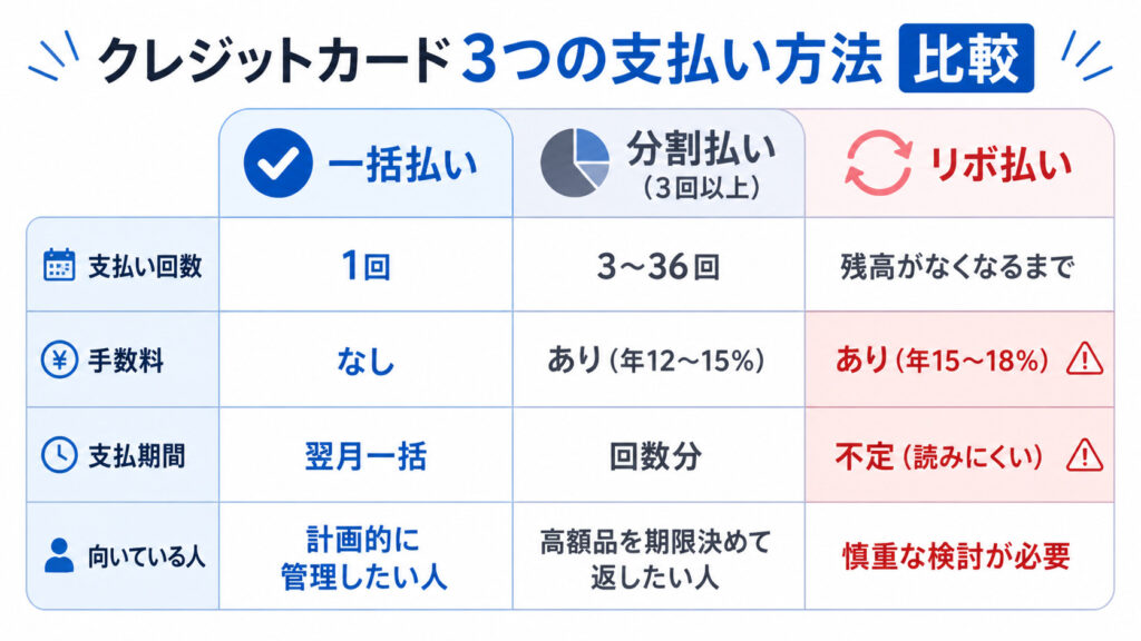 クレジットカードの一括払い・分割払い（3回以上）・リボ払いの3種類を、支払い回数・手数料・支払期間・向いている人の4軸で比較した早見表。手数料は一括払いがなし、分割払いが年12〜15%、リボ払いが年15〜18%。