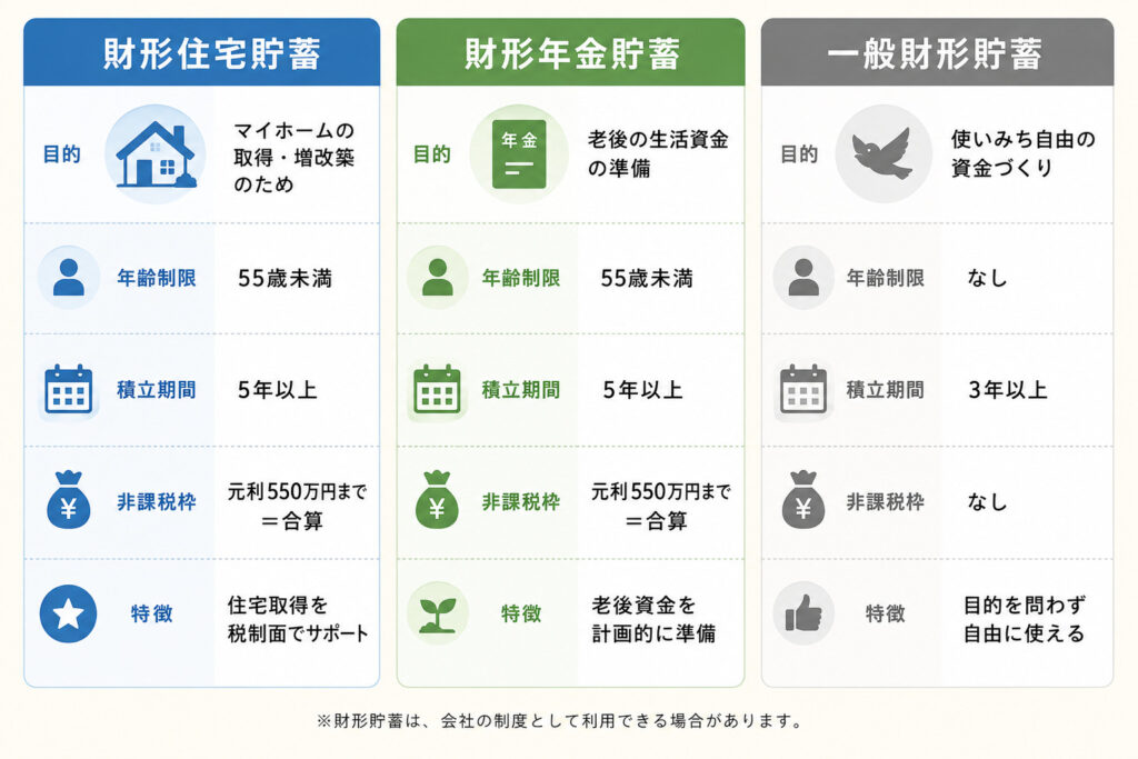 財形貯蓄3種類（住宅・年金・一般）の年齢制限・積立期間・非課税枠を比較した図解
