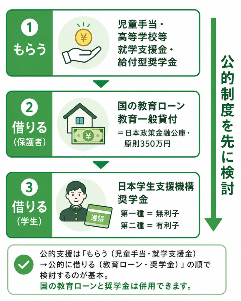 教育資金の公的支援をもらう・借りるの順で整理した全体マップ