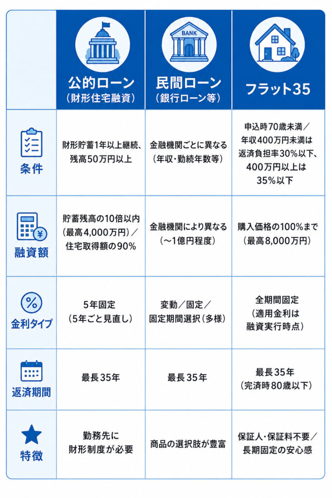 公的ローン・民間ローン・フラット35の条件・融資額・金利・特徴を比較した表