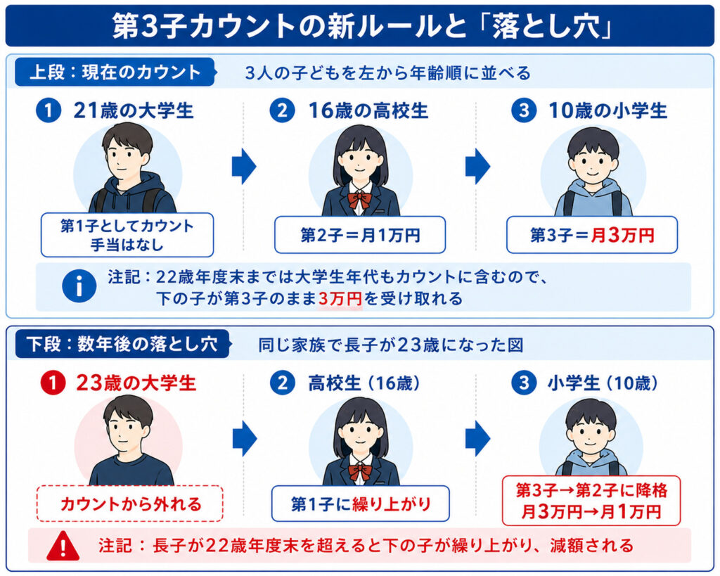 第3子の数え方と、長子が22歳年度末を超えると下の子が減額される落とし穴を示した図
