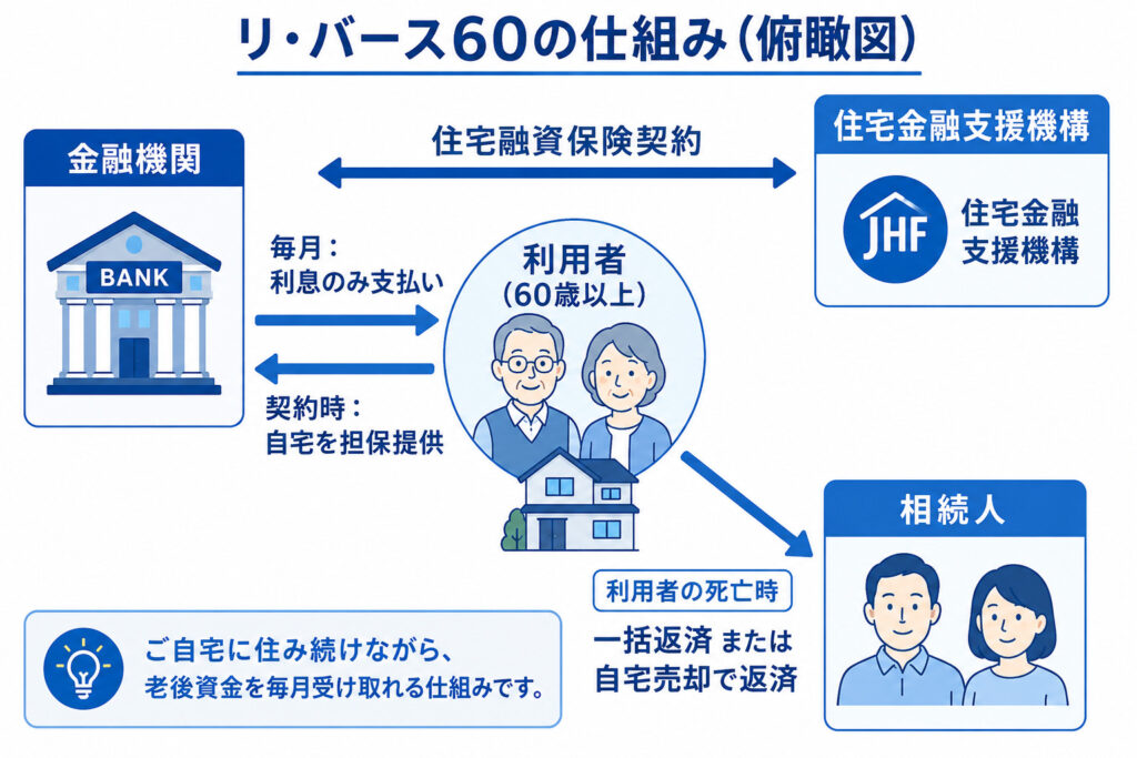 リ・バース60の仕組みを示した図解。利用者・金融機関・住宅金融支援機構・相続人の4者の関係性を矢印で表現。