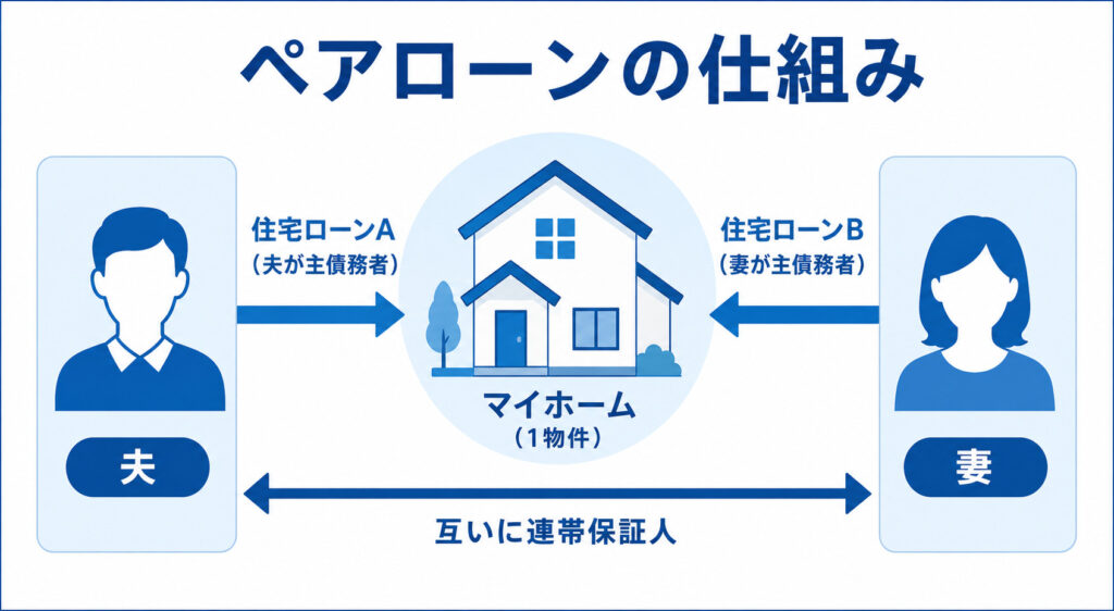 ペアローンの仕組みを示した図解。1つの物件に対して夫婦がそれぞれ住宅ローンを契約し、互いに連帯保証人になる構造を表現。