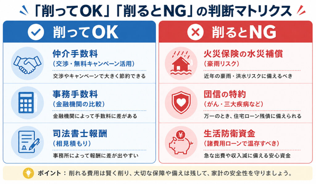 諸費用の節約で「削ってOK」と「削るとNG」を分類したFP判断マトリクス