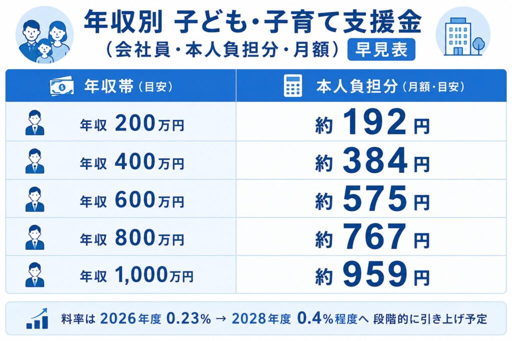 年収別の子ども・子育て支援金本人負担額の月額目安をまとめた早見表
