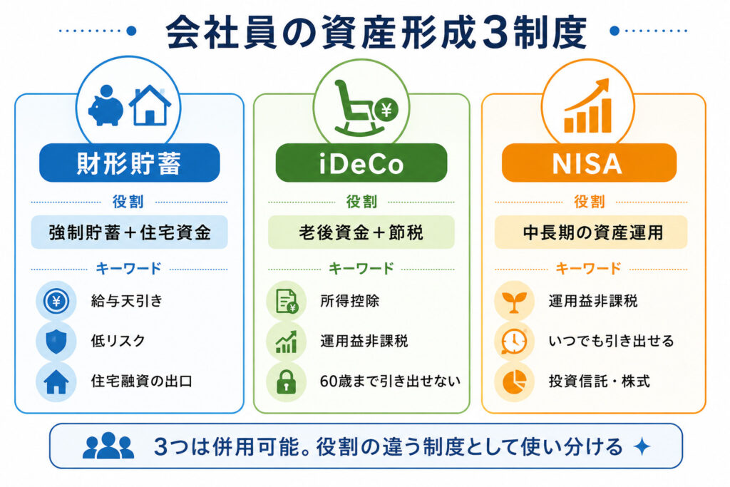 財形貯蓄・iDeCo・NISAの3制度の役割と使い分けを示した図解