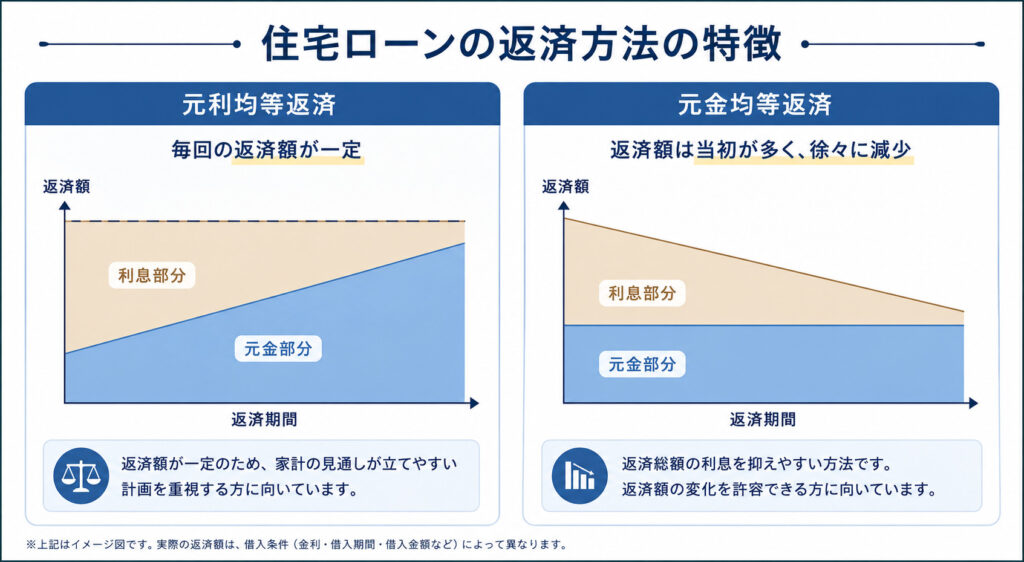 元利均等返済と元金均等返済の返済額推移を比較した図解