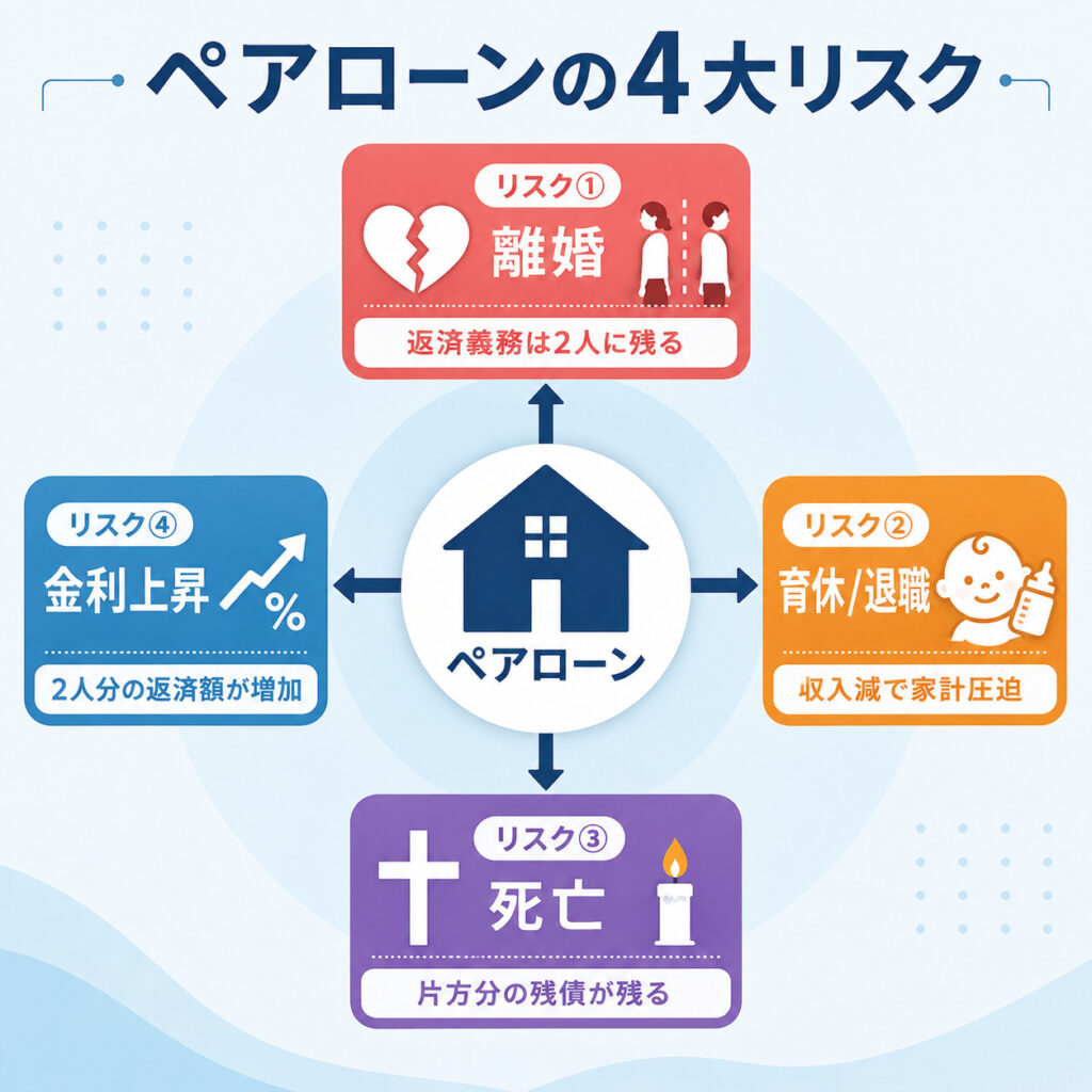ペアローンの4大リスクを示した図解。離婚、育休/退職、死亡、金利上昇の4つを中央のペアローンから放射状に配置。