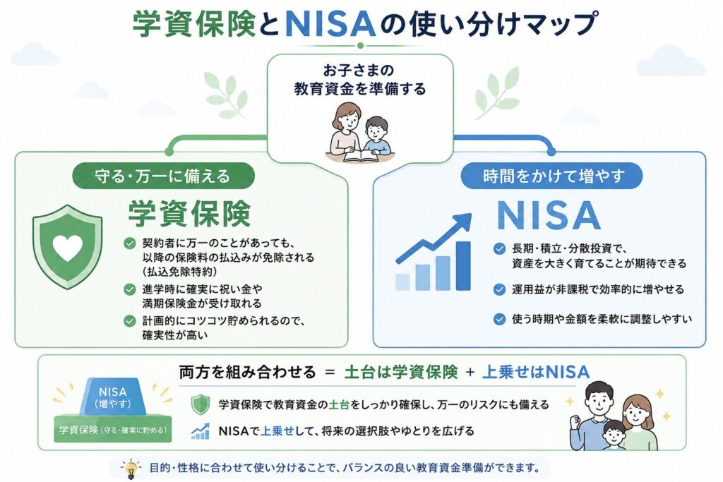 学資保険とNISAを守る・増やすの目的別に使い分けるマップ