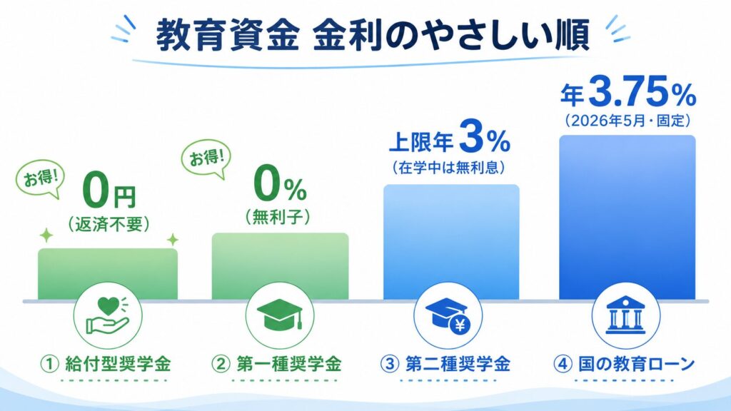 給付型0%・第一種0%・第二種〜3%・国の教育ローン3.75%を横並びで比較した棒グラフ