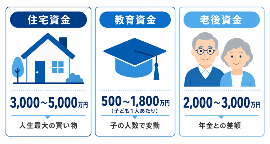 人生の3大支出（住宅・教育・老後）の金額目安を比較した図解