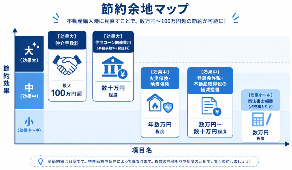 住宅購入の諸費用を抑える5項目を節約効果別に分類したマップ