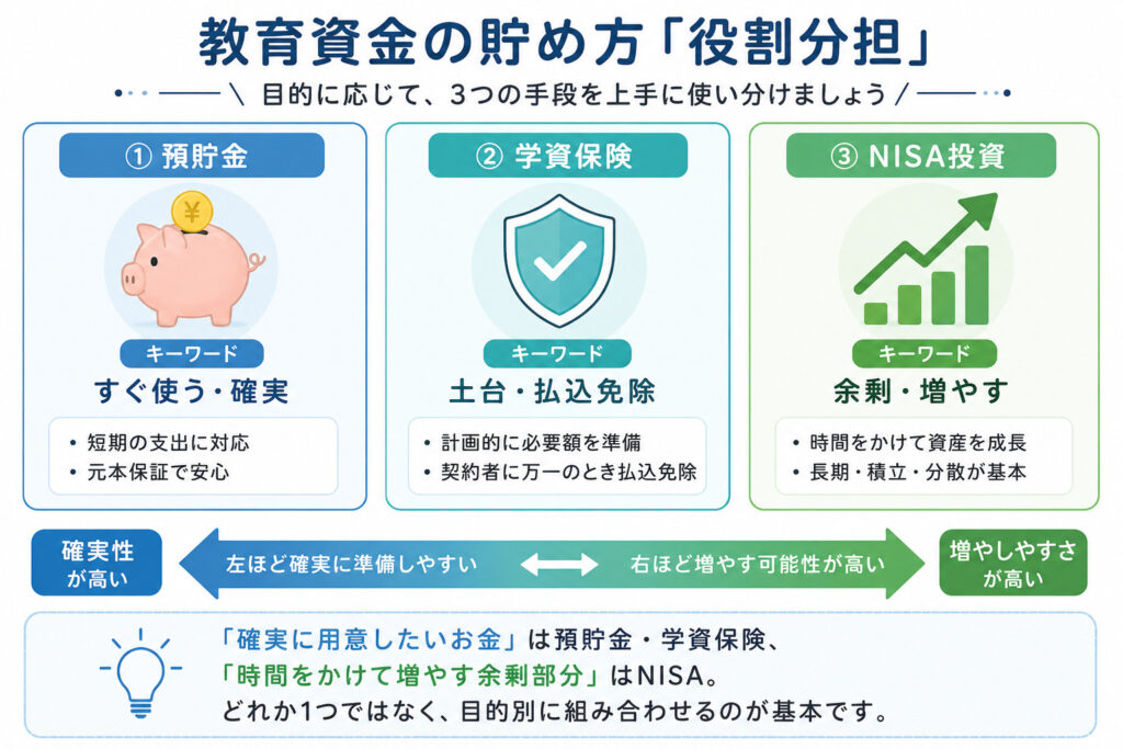 教育資金の貯め方を預貯金・学資保険・NISAの役割で比較した図