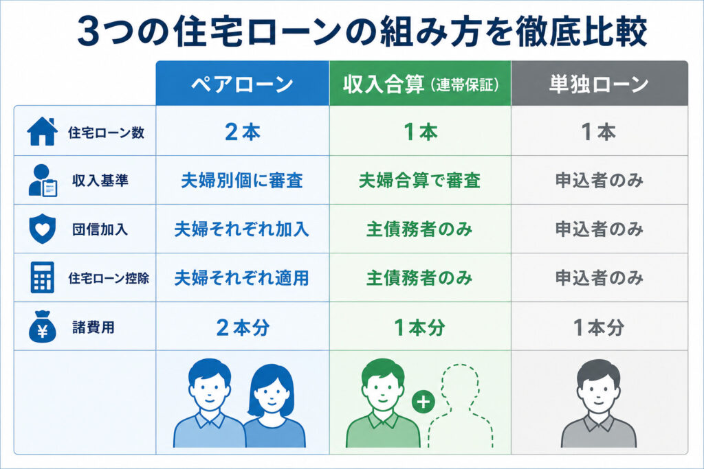 ペアローン・収入合算・単独ローンの違いを比較した表。住宅ローン数、収入基準、団信加入、住宅ローン控除、諸費用の5項目で比較。