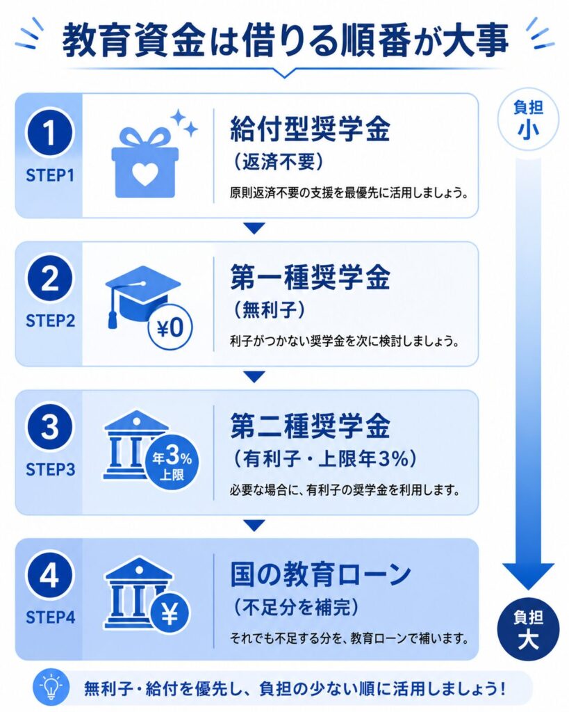 給付型→第一種→第二種→国の教育ローンの順に検討するステップ図