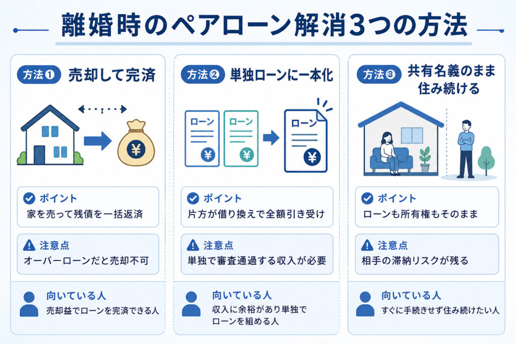 離婚時のペアローン解消方法を3つに分類した図解。売却・一本化・住み続けるの3択を縦列で比較。