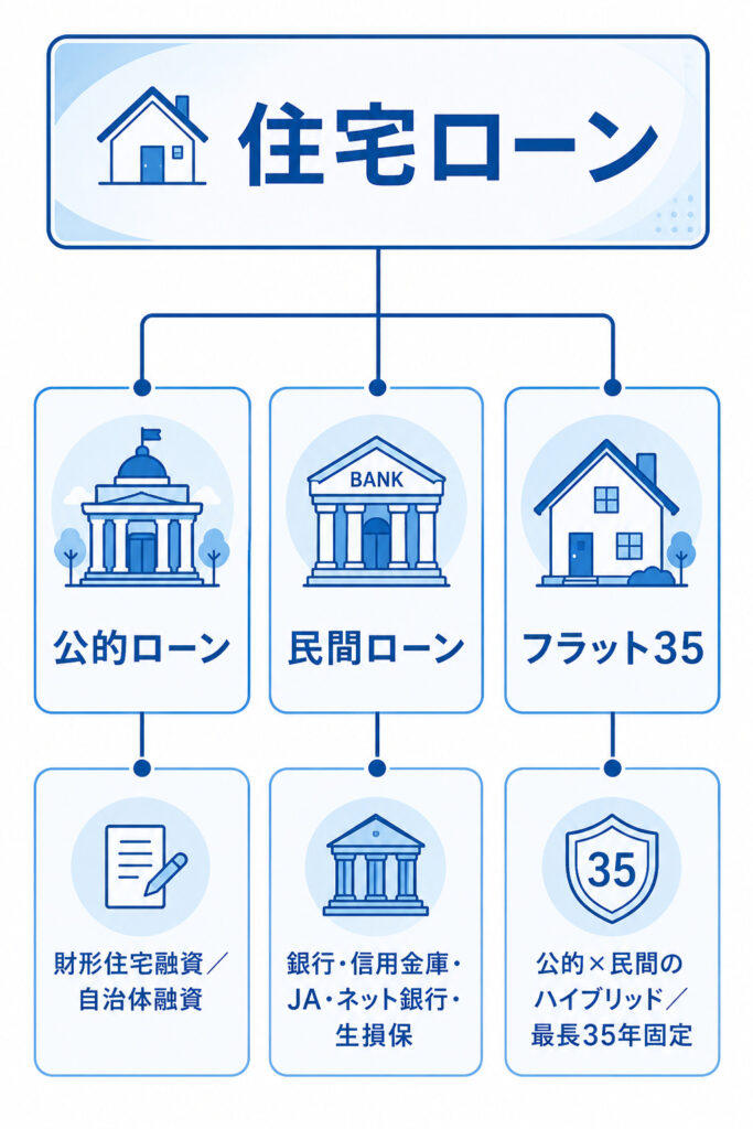 住宅ローンの種類を公的・民間・フラット35の3区分で示したツリー図