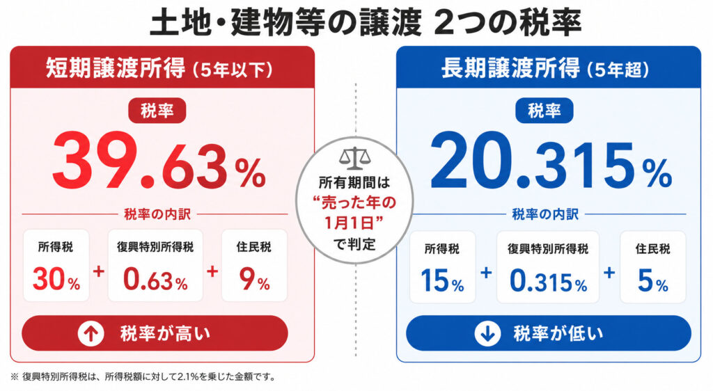 短期譲渡所得と長期譲渡所得の税率を比較した図