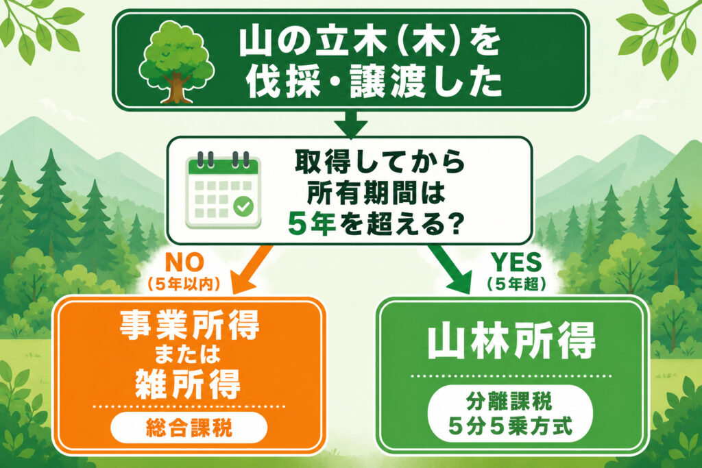 所有期間5年を境に山林所得か事業所得・雑所得かを判定するフロー図