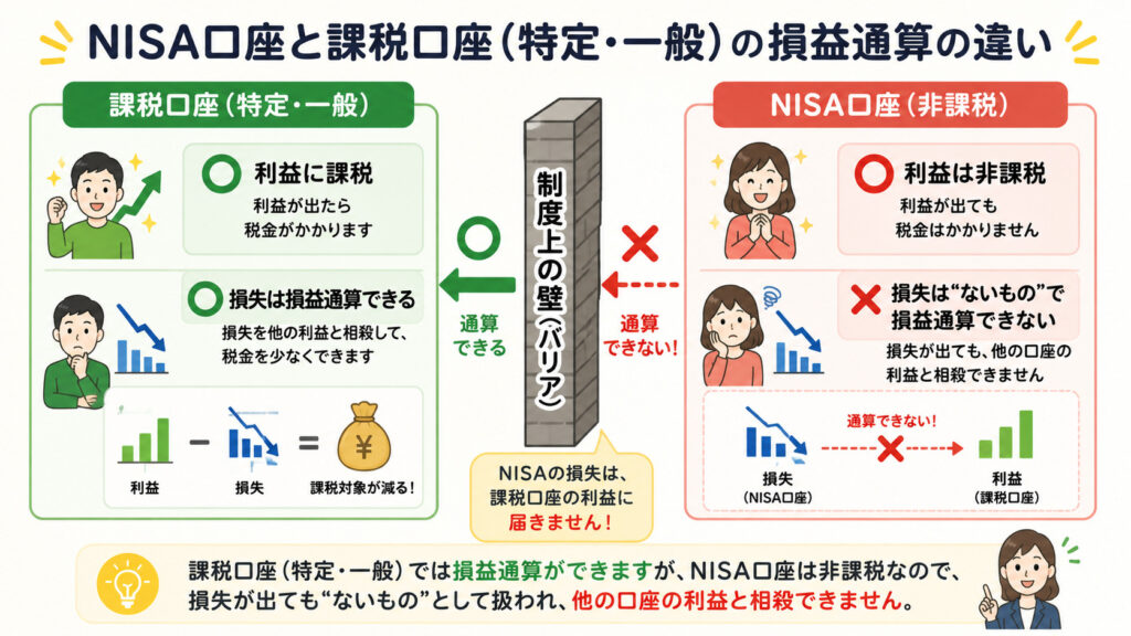 NISA口座の損失は課税口座の利益と損益通算できないことを比較した図解