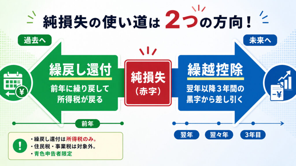 純損失を翌年以降に繰り越す繰越控除と前年に繰り戻す繰戻し還付を対比した図解
 