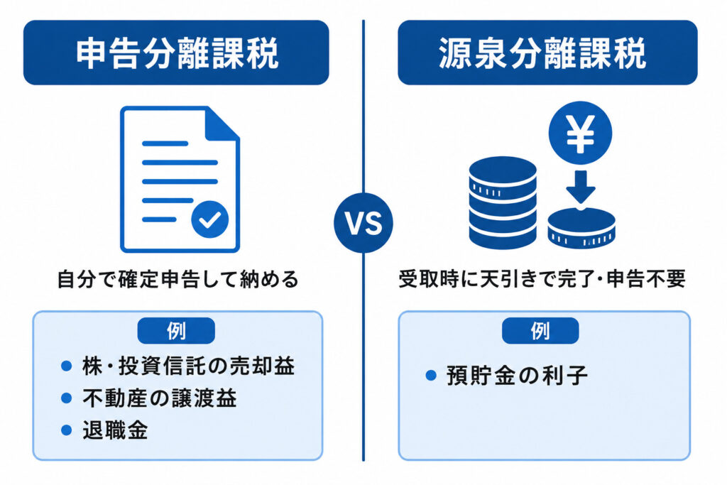 申告分離課税と源泉分離課税を確定申告の要否で比較した図
