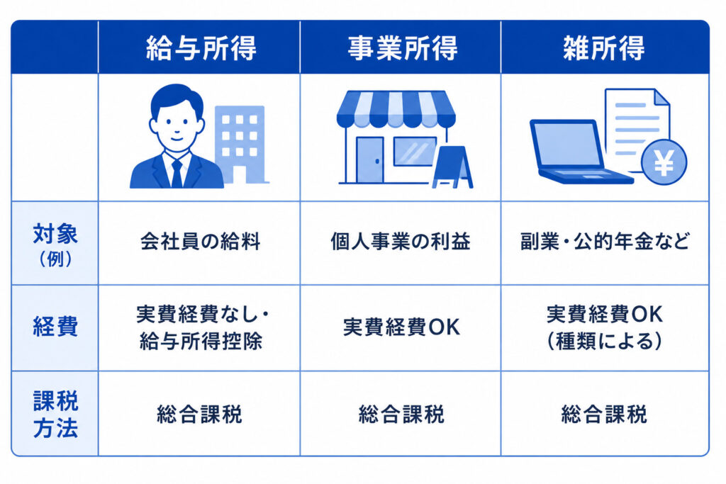 給与所得・事業所得・雑所得を対象・経費の扱い・課税方法で比較した図解
