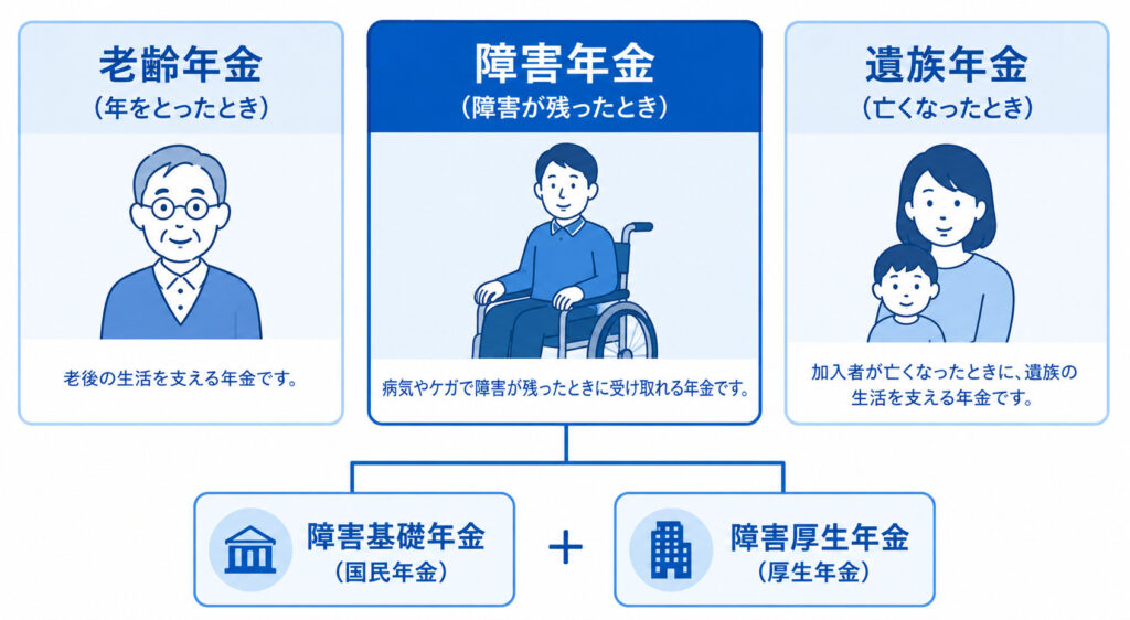 公的年金の3つの保障（老齢・障害・遺族）と障害基礎年金の位置づけを示した図
