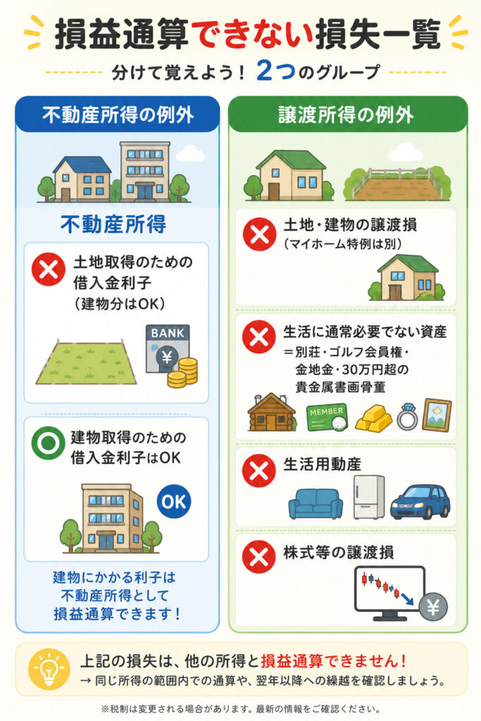損益通算できない不動産所得・譲渡所得の損失を一覧で整理した図解