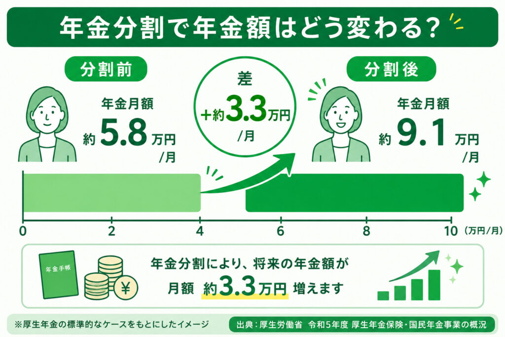 年金分割を受ける側の月額が分割前約5.8万円から分割後約9.1万円に増えることを示した棒グラフ