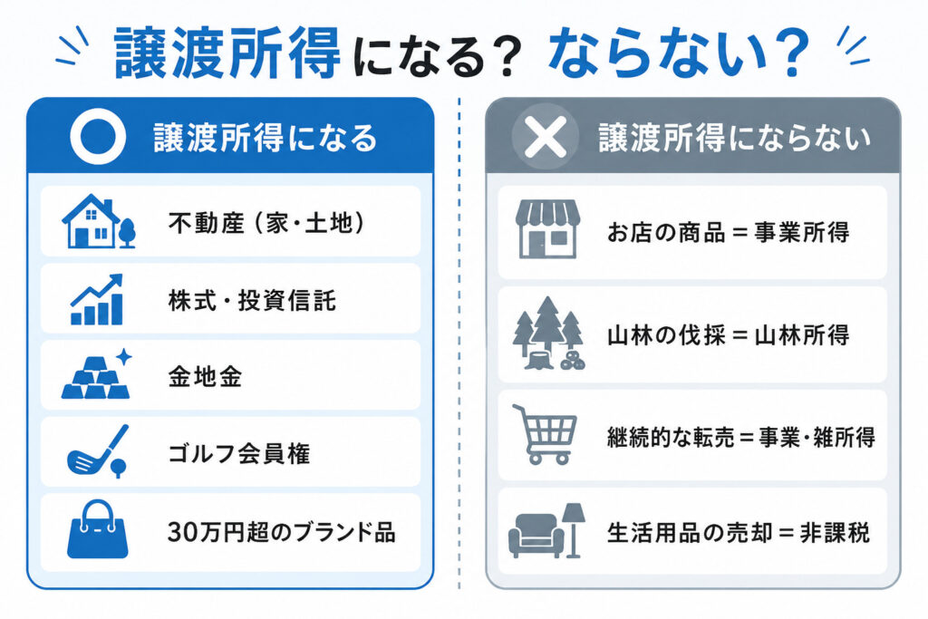 譲渡所得の対象になる資産とならない資産を左右で比較した図