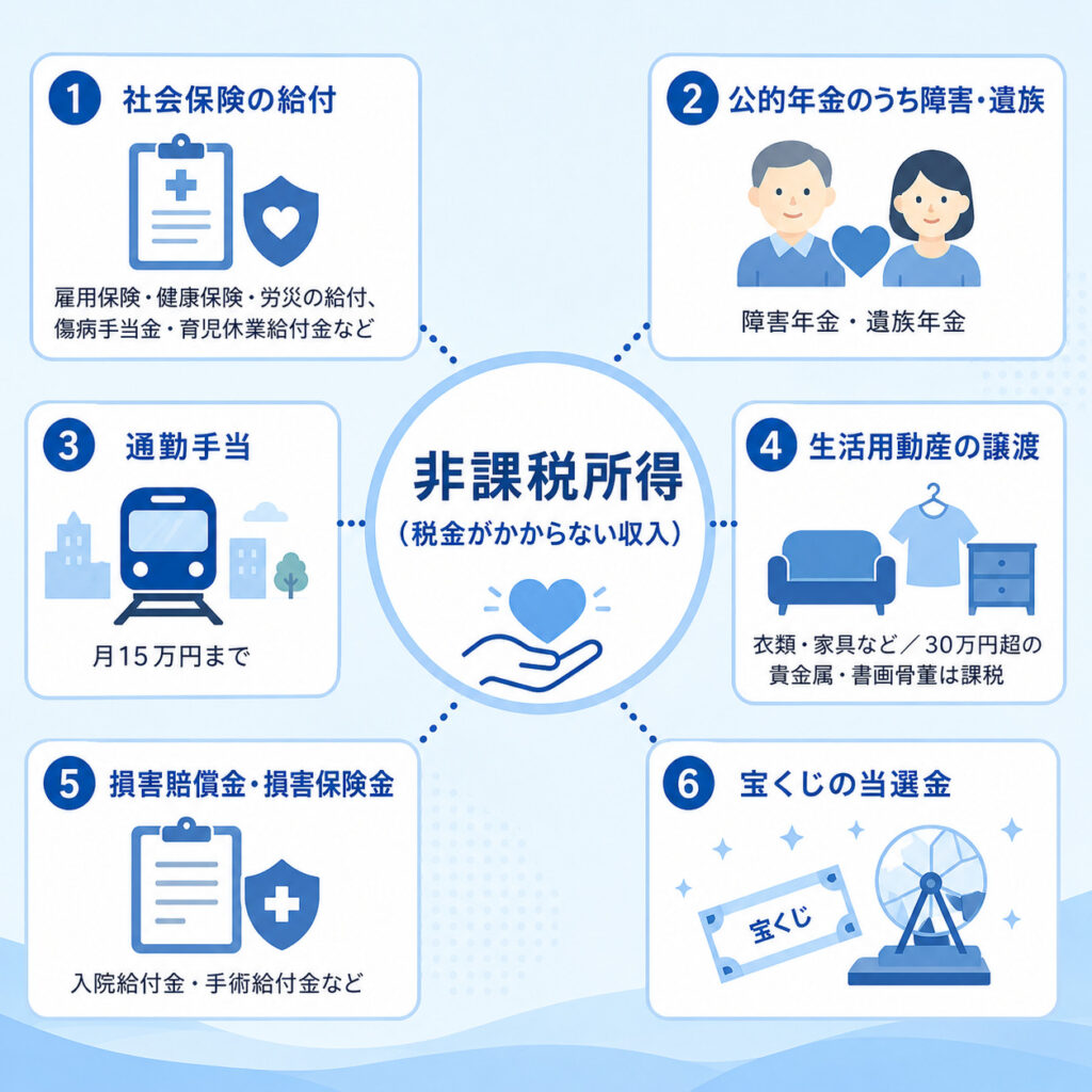 非課税所得の主な6カテゴリ（社会保険の給付・障害遺族年金・通勤手当・生活用動産の譲渡・損害賠償金や保険金・宝くじ）を一覧で示した図解