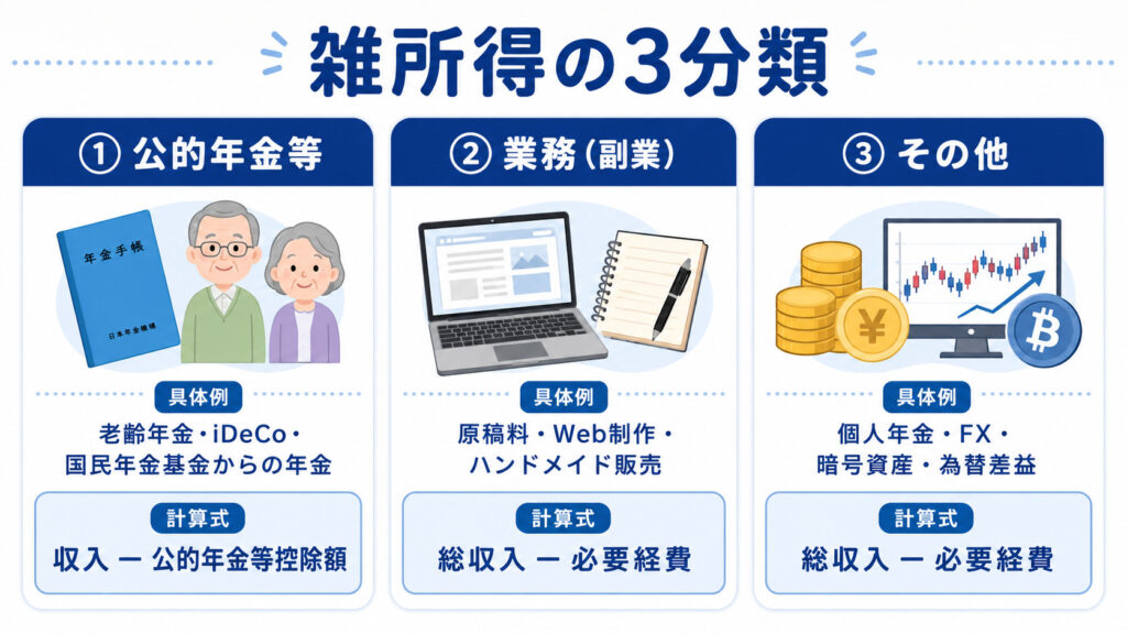 雑所得を公的年金等・業務（副業）・その他の3つに分類し、それぞれの具体例と計算式を示した図